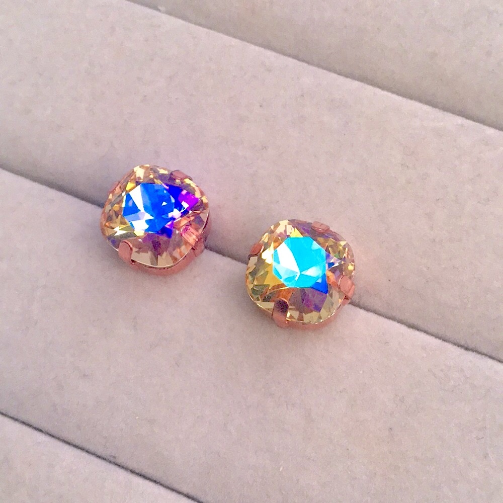 Iridescent Champagne Topaz Sparkle + Rose Gold Cushion Cut Crystal Earrings - Picture 4 of 8